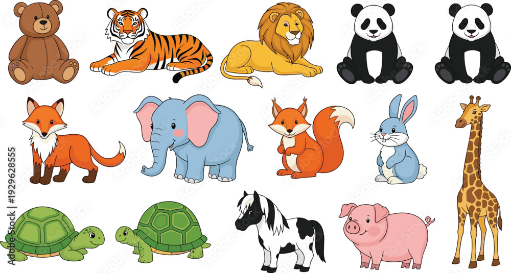 Obraz premium Cute Wild and Farm Animals Cartoon Characters Vector Collection Set