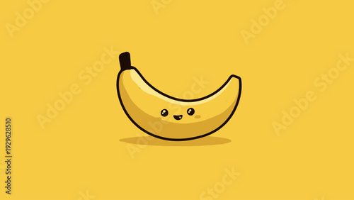 A cheerful cartoon banana with a cute smiling face on a bright yellow background, representing healthy eating, fun fruit, and happiness in a playful, minimalist design