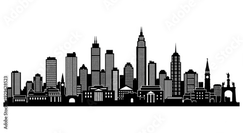 Modern city skyline with iconic skyscrapers and buildings