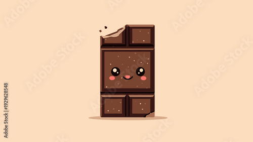Cute chocolate bar icon with a charming broken piece and a delightful smiling face, a sweet and adorable confectionery illustration