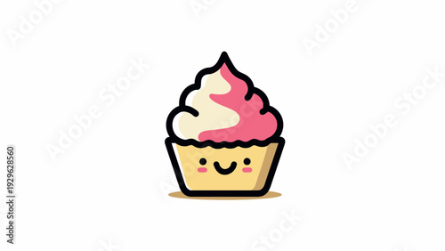 Cute smiling cupcake icon with pink and white swirl frosting and brown wrapper