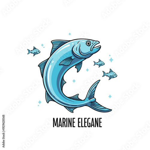 Illustration of a stylized blue fish gracefully swimming with small fish