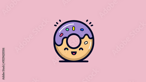 Playful minimal donut icon featuring a charming smiling face and vibrant sprinkles, a delightful sweet treat illustration