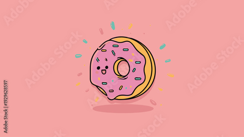 Cute Pink Donut with Sprinkles and Happy Face, Sweet Pastry Food Illustration
