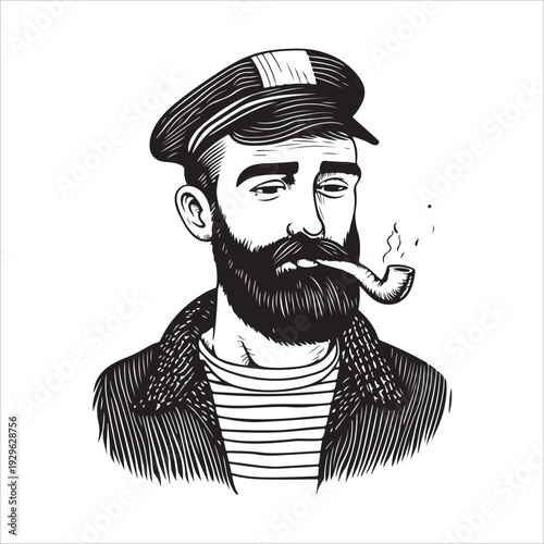 hipster sailor with thick beard and pipe engraving vector illustration 