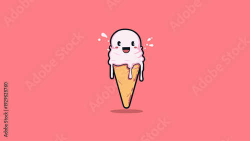Happy Melting Ice Cream Cone Icon with a Joyful Scoop and Dripping Frosting