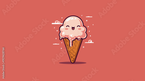 Delightful illustration of a melting ice cream cone with a happy face, perfect for summer treats and dessert branding
