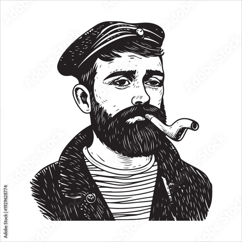 hipster sailor with thick beard and pipe engraving vector illustration 