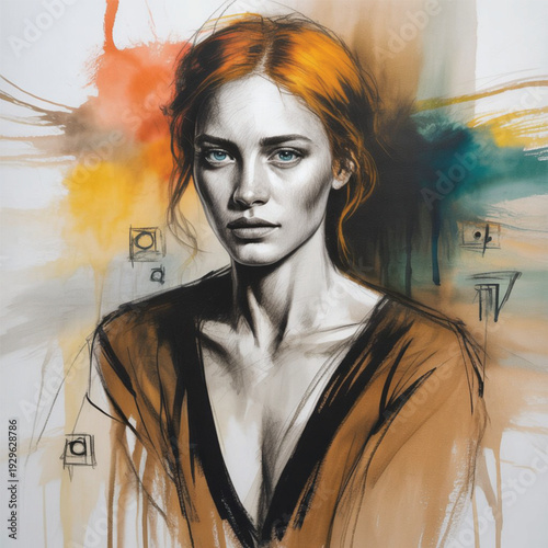 Artistic mixed media portrait of a beautiful woman with vibrant orange hair and blue eyes, charcoal sketch with watercolor splashes.