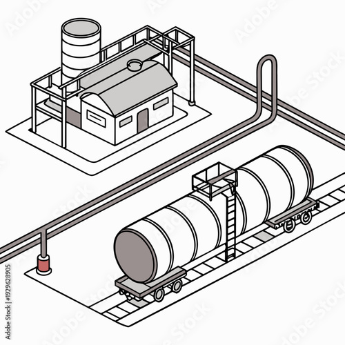 Industrial fuel transport hub with train and storage tanks