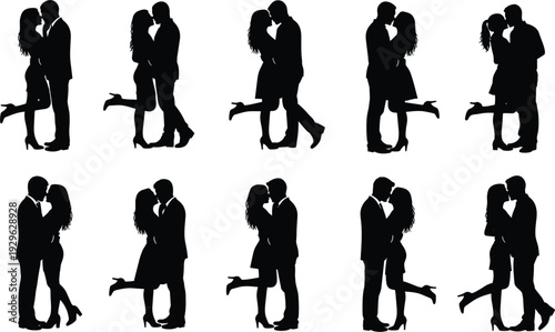  Minimalist Black Couple Hugging Silhouettes Vector Set with Romantic Embrace Kiss and Lift Poses for Wedding Love Valentine and Relationship Designs