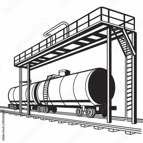 Black and white of oil tanker train on railroad tracks under loading platform