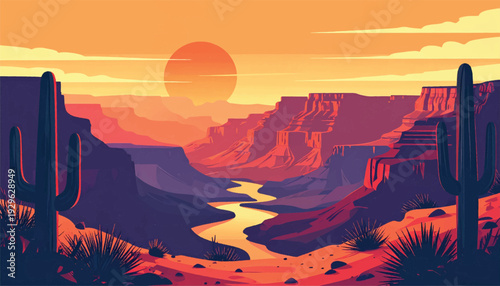 Desert canyon sunset illustration with winding river. Arid valley panorama featuring glowing horizon scenery. Southwestern landscape artwork showing dramatic cliffs