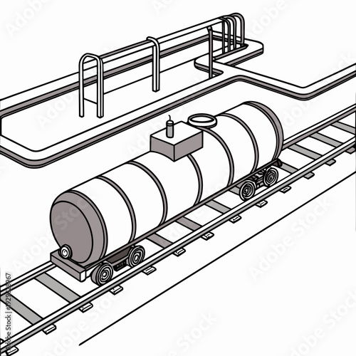Industrial oil tank railcar on railroad tracks with loading platform