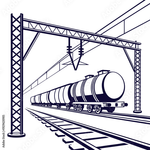 Navy blue train on tracks under overhead wires railroad