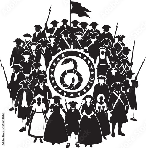 American revolution patriots vector silhouette illustration with gadsden snake symbol art