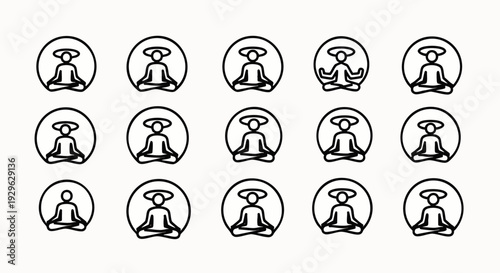 Collection of stylized meditation icons in a circle, representing mindfulness, yoga, and inner peace in a simple line art style.