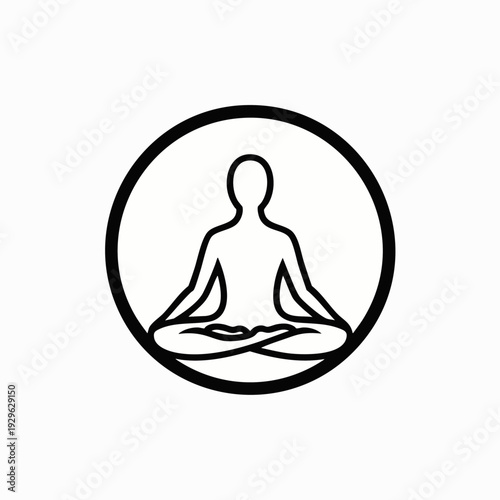 Simple Line Art Icon of a Person Meditating in Lotus Pose Inside a Circle, Symbolizing Calmness, Yoga, and Inner Peace