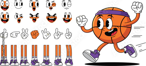 Basketball Mascot Cartoon Character Creation Kit with Running Athlete Ball Face Expressions Hands and Legs for Sports Branding Animation and Sticker Design