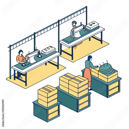 Clothing factory assembly line workers processing boxes and garments