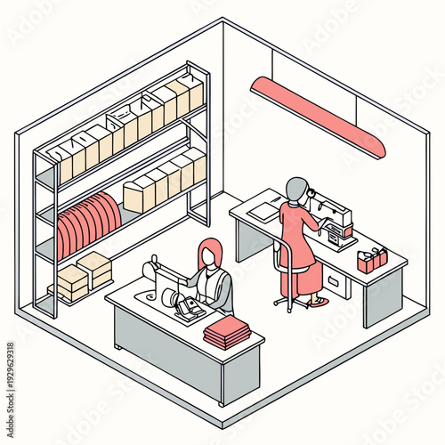 Garment production workspace with two workers sewing and operating machine