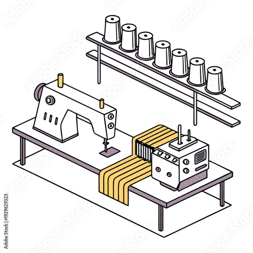 Industrial sewing machine stitching process with thread spools