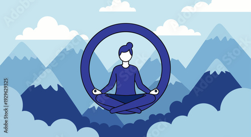 Mindful person meditating in lotus pose amidst serene blue mountains, promoting peace, mental well-being, and relaxation in nature. Flat illustration.