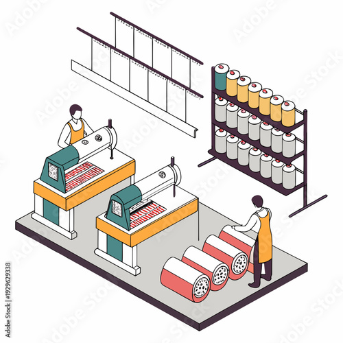 Isometric view of garment factory interior with workers and textile machines