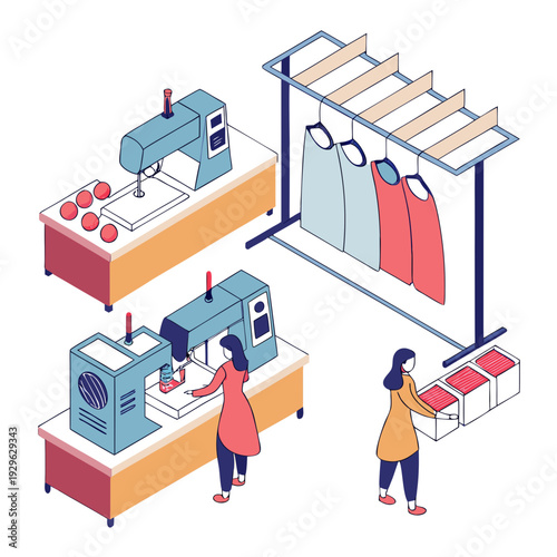 Isometric view of garment sewing industry with workers and equipment
