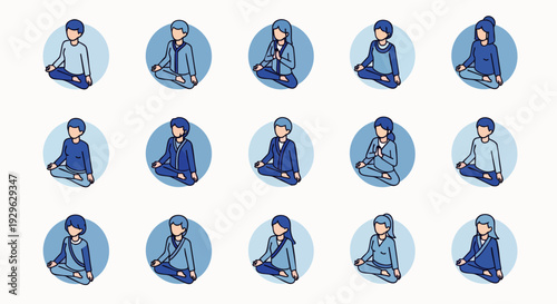Set of diverse cartoon characters meditating in lotus position, promoting mindfulness, peace, and mental wellness. Flat vector illustration for yoga, health, and relaxation.
