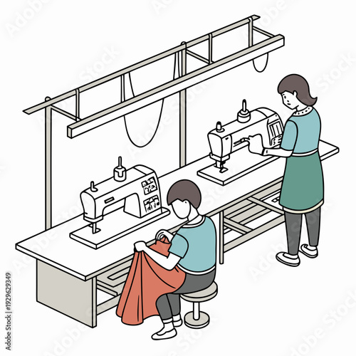 Two women working at sewing machines in apparel factory interior