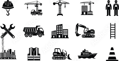 Construction icons silhouette set, crane excavator dump truck tools worker vector isolated white background industrial illustration collection design