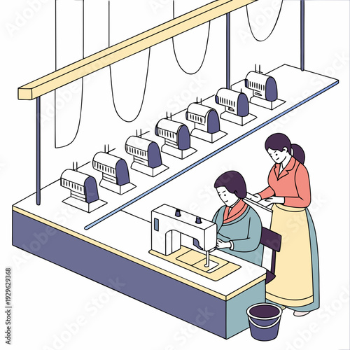Women working at sewing machines in apparel factory interior