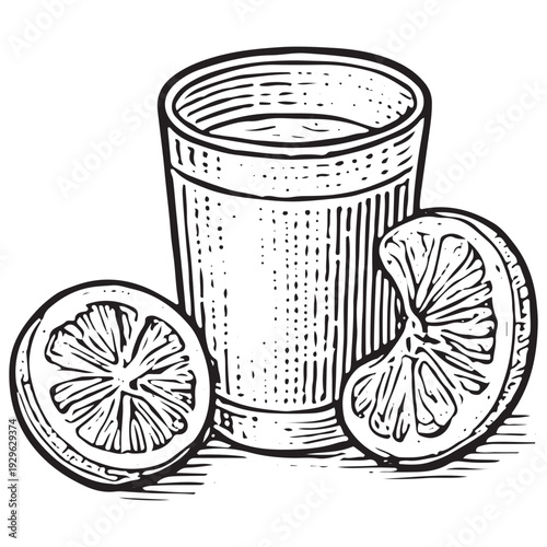 Vintage Citrus Juice Glass Engraving Illustration Fresh Healthy Breakfast Drink Concept
