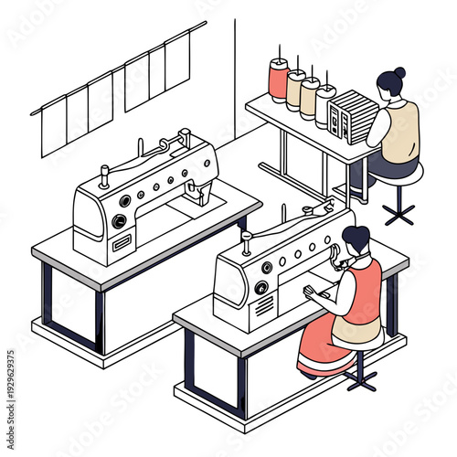 Clothing factory interior with two workers using sewing machines