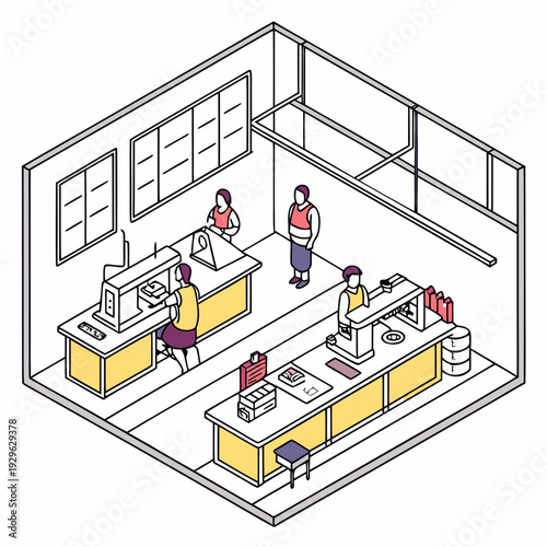 Clothing factory interior with workers at sewing machines