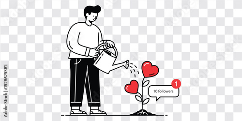 Growing love heart plant watering nurturing care simple line drawing