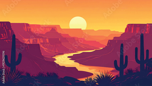 Grand canyon sunset vector with radiant watercourse. Majestic desert vista showcasing illuminated cliffs. Epic valley panorama beneath circular golden sun