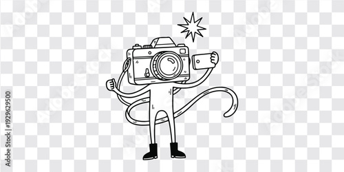 Monkey photographer cute anthropomorphic camera character simple line drawing