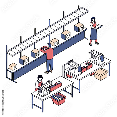Busy clothing factory floor with workers and sewing machines