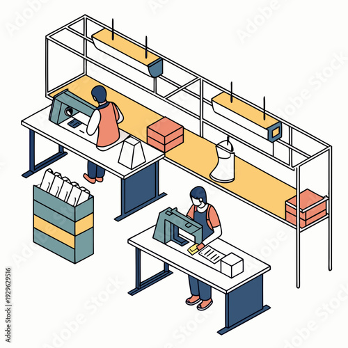 Busy clothing factory floor with workers using sewing machines