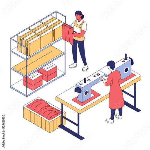 Garment factory workspace with sewing machines and workers