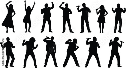 Singing and dancing people silhouette set, male and female performers with microphones, music concert party vector illustration