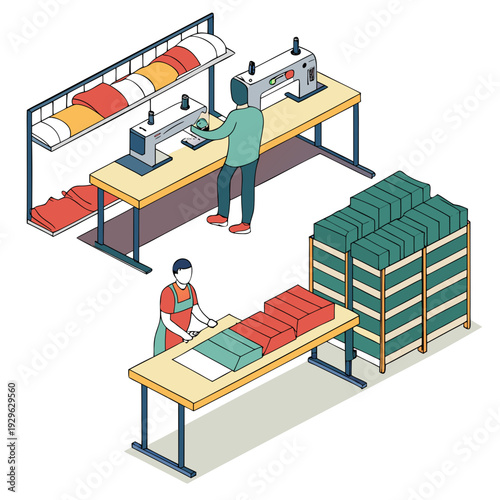 Garment manufacturing workspace with workers and sewing machine