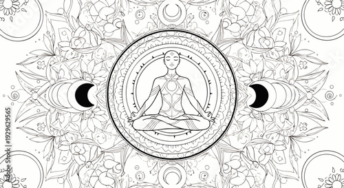 Meditating person in lotus position within a circular mandala with moon phases and floral elements, black and white line art