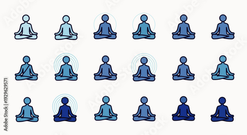 Collection of blue meditating figures in lotus pose, representing mindfulness, peace, and inner calm