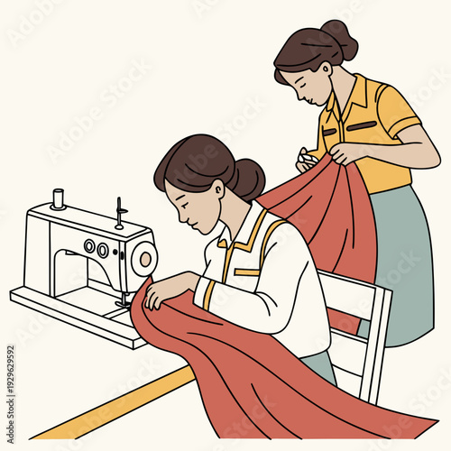 Two women working at a sewing machine with red fabric