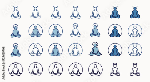 Collection of Meditation Icons: Figures in Lotus Pose with Halo, Representing Peace, Spirituality, and Mindfulness
