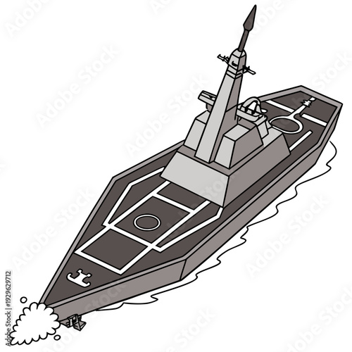 Gray military vessel with missile launcher and radar system on white background