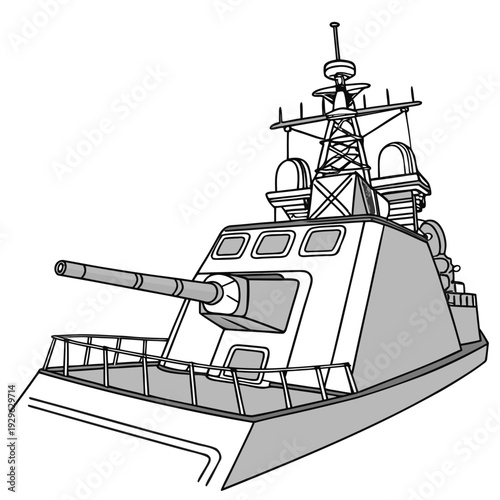 Gray military ship with gun turret and radar systems